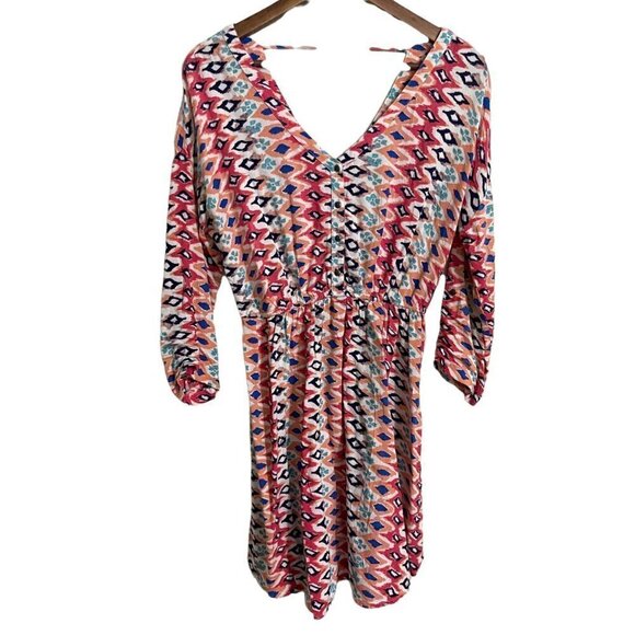 Red Camel Womens Pink Geometric Aztec Vneck Roll Tab Sheath Dress Medium - Picture 6 of 6